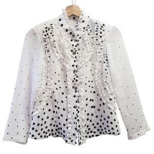 Vintage 70s Blouse Shirt Sexy Secretary Librarian Ruffle Hand Made Polka Dot S